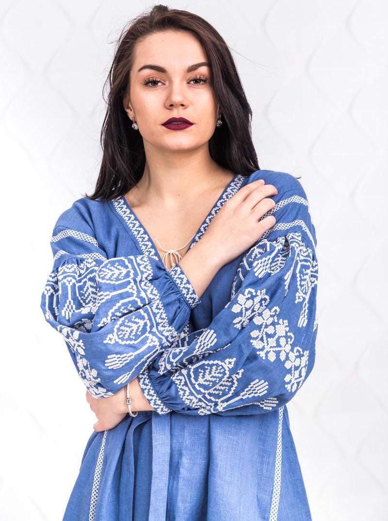 Size 4US/S! Boho Hippie Dress - Elegant Blue Linen Embroidered Dress - Bohemian Chic Maxi Kaftan