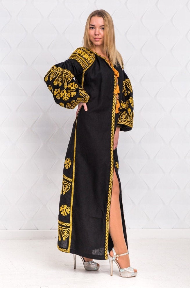 Size S! Ethnic Vyshyvanka Dress - Black Linen Embroidered Dress - Ukrainian & Mexican Boho Chic Kaftan - 100% Linen Abaya - Fashion Folk Caftan