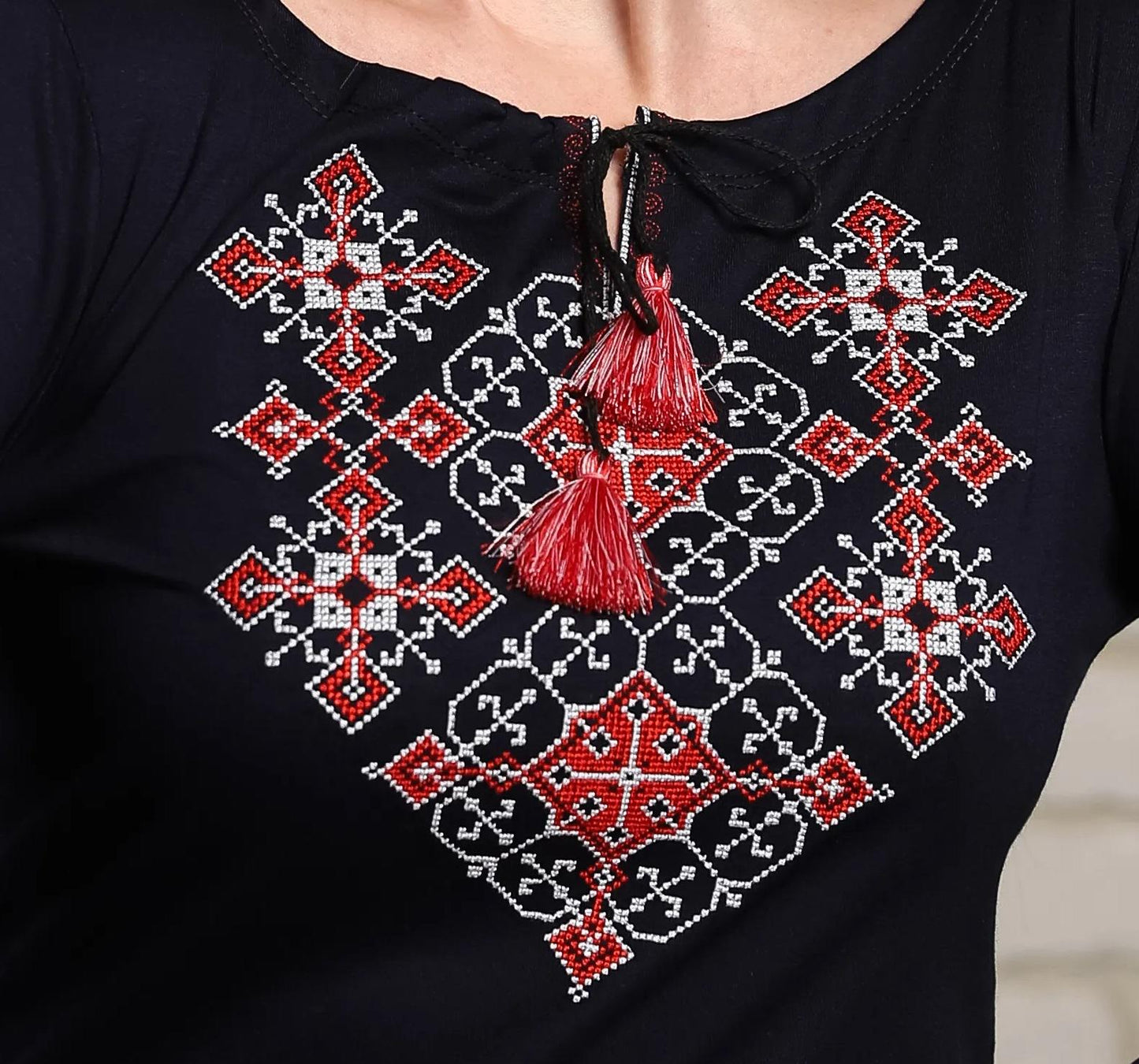 Sizes S-4XL. Navy Blue Fashion Tee with Red and White Embroidery - Stylish Bohemian FolkloreTop