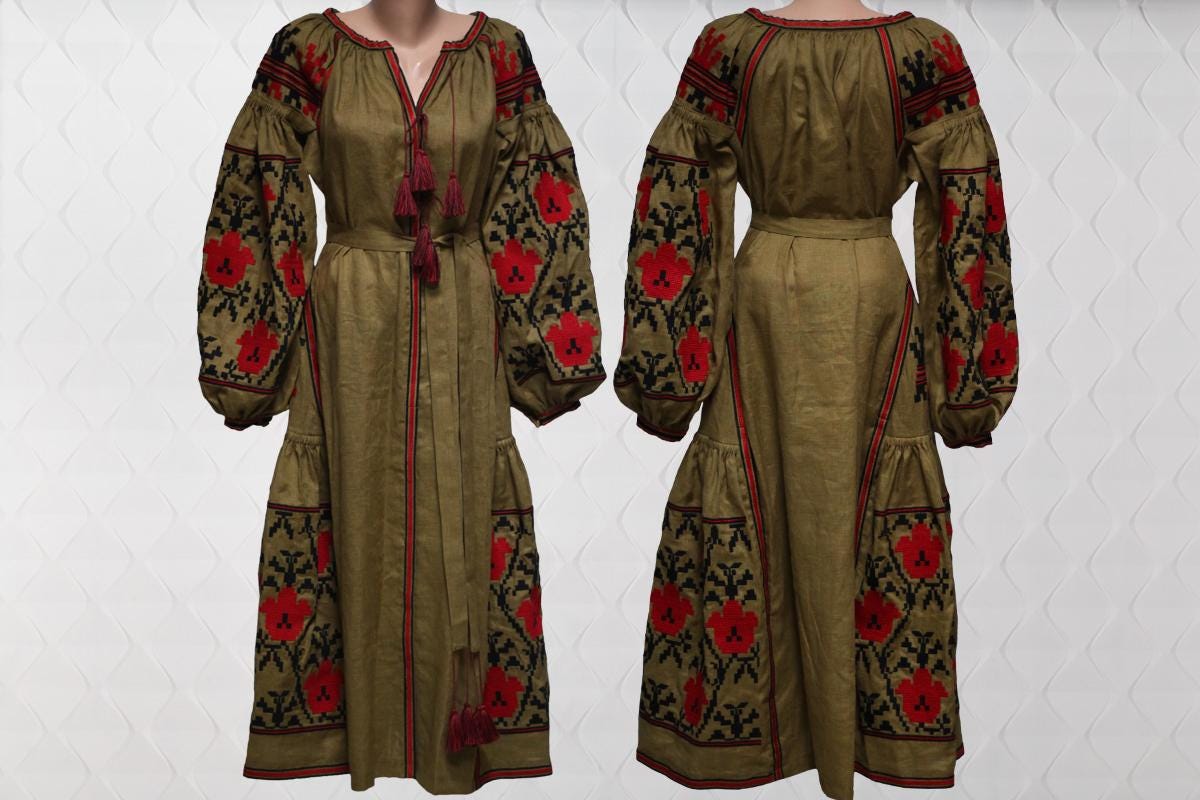 Size M! Bohemian Chic Olive Linen Embroidered Dress. Folk Style Maxi Dress with Red Floral. Handmade Ethnic Kaftan. Traditional Gypsy Abaya Dress