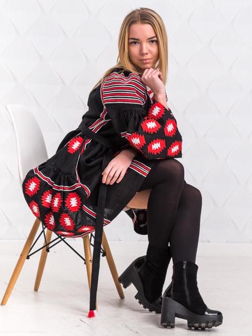 Size 4US/36EU! Red Echo – Black Ethnic Dress with Bold Ukrainian Embroidery - Vyshyvanka Kaftan - Ethnic Folk Chic Abaya
