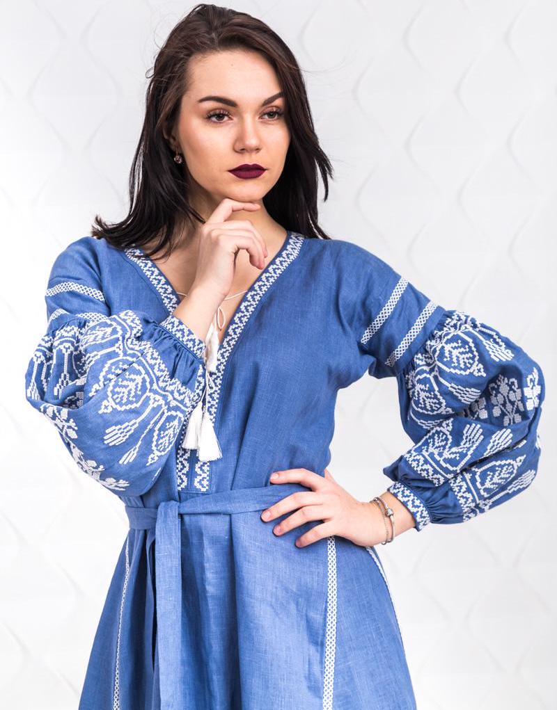 Size 4US/S! Boho Hippie Dress - Elegant Blue Linen Embroidered Dress - Bohemian Chic Maxi Kaftan