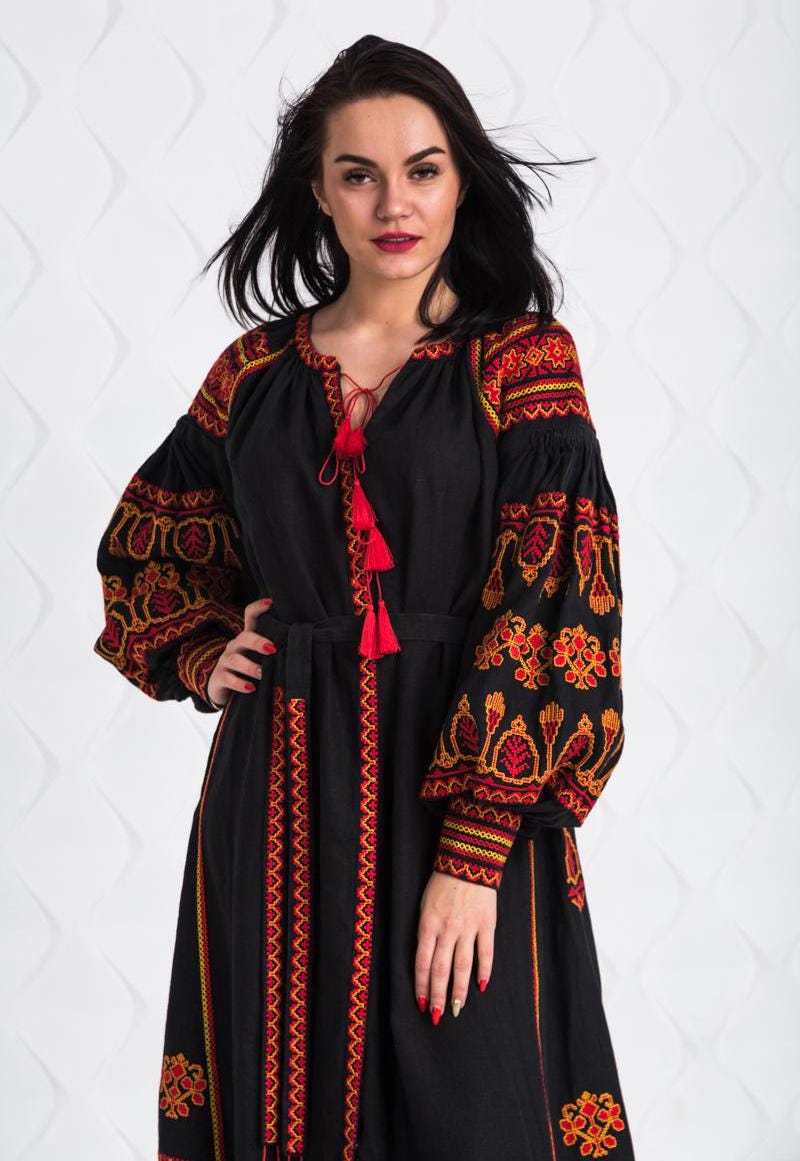 Size 8US/S! Bohemian Lux Wrap. Folk Nouveau Abaya. Chic Nationale Caftan. Embroidered Ukrainian Dress. Fashion Vyshyvanka Style. Black Boho Dress
