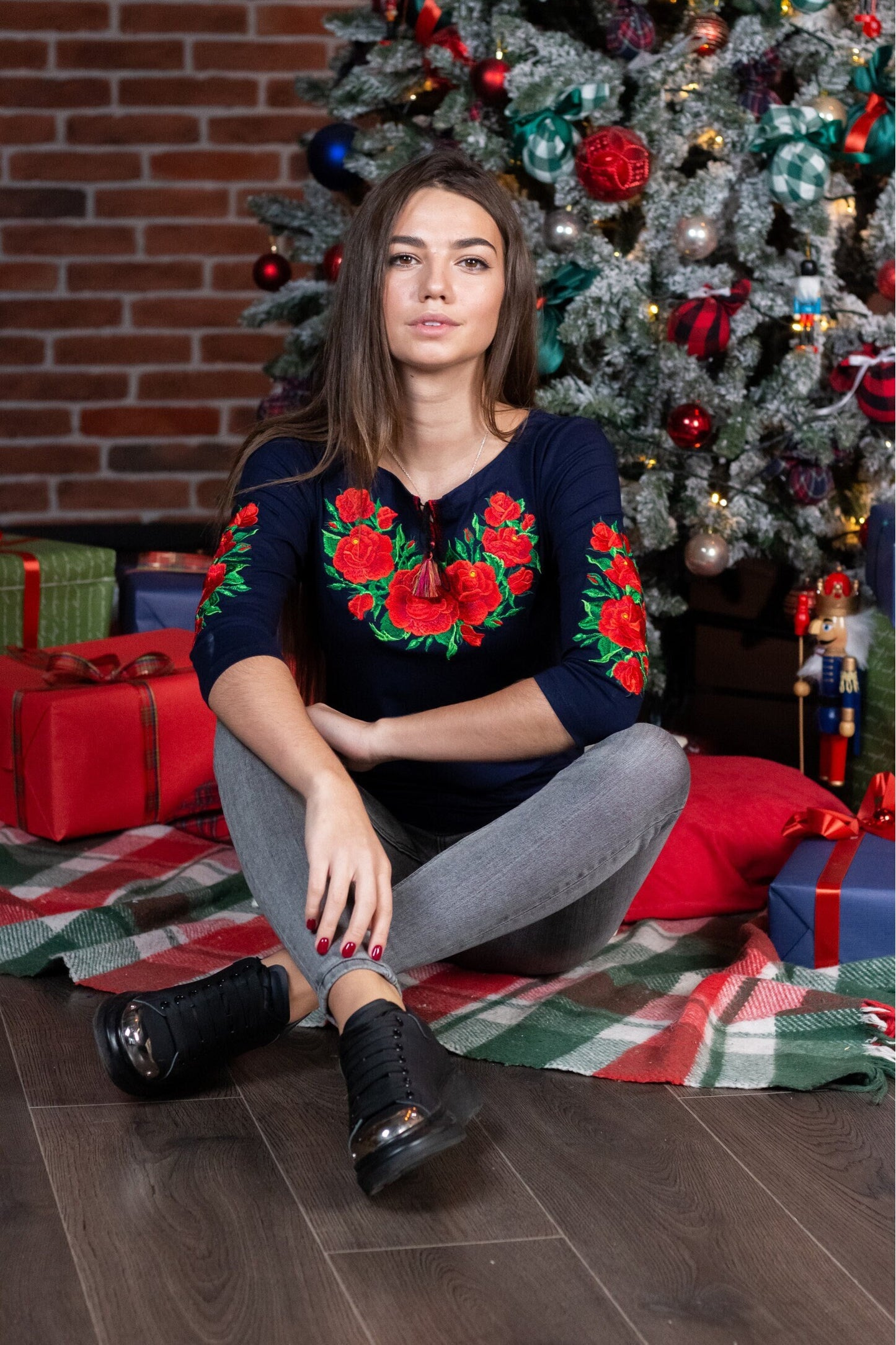 Sizes S-4XL. Navy Top with Red Rose Embroidery and German Folk Design