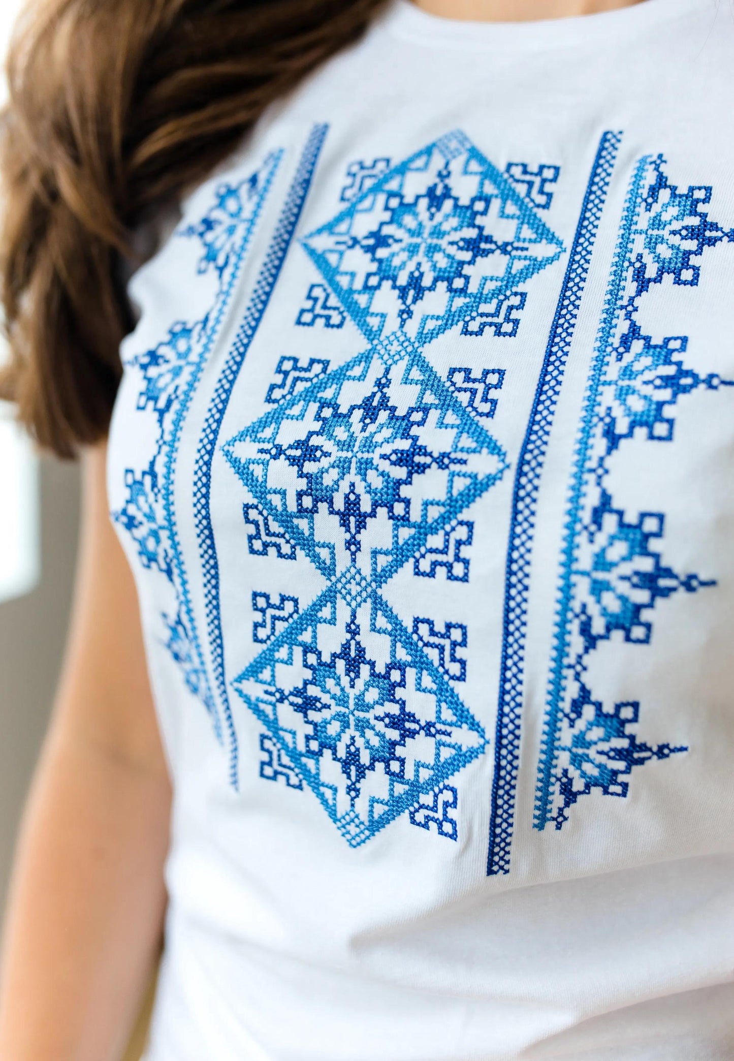 Size S. White Embroidered T-shirt with Blue Geometric Patterns. Folklore-Inspired Casual Tee. Ukrainian Women's Boho Top. Stylish Casual Shirt
