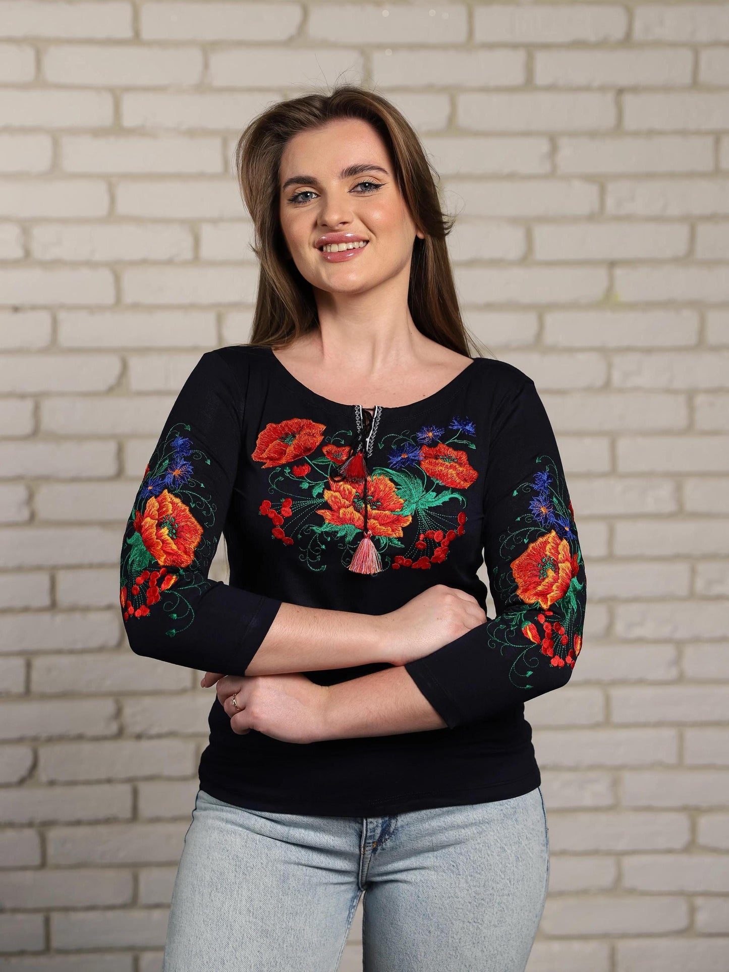 Size S. Navy Bohemian Embroidered Blouse - Ukrainian Vyshyvanka with Poppy Flowers