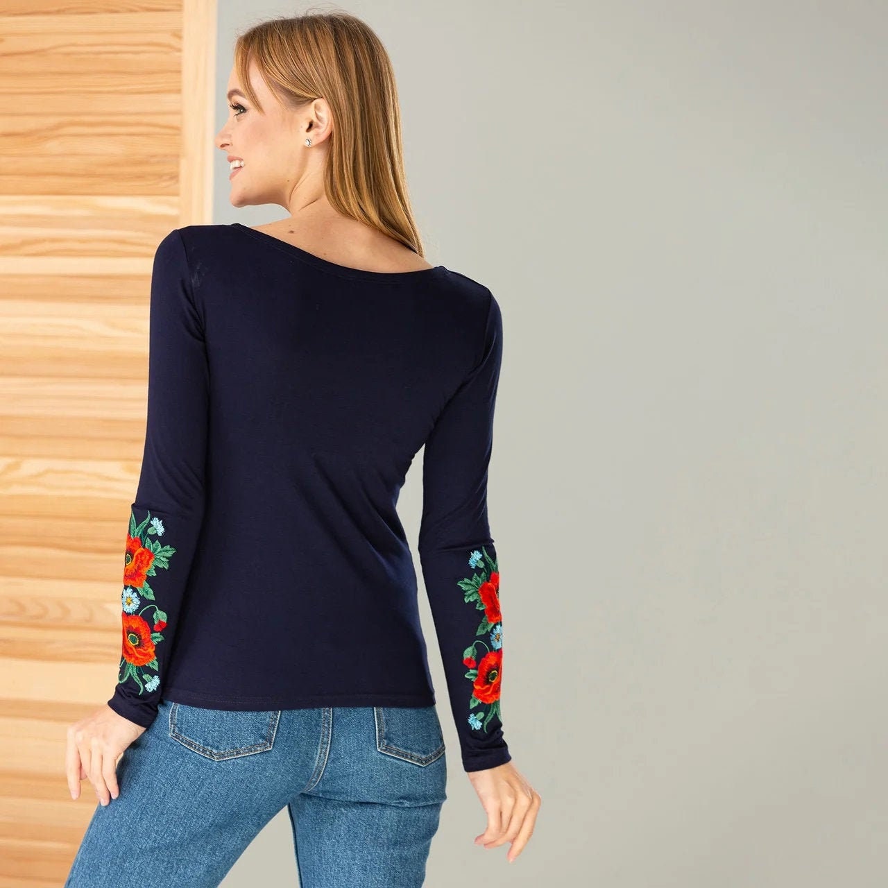 Size XL. Navy Blue Embroidered Blouse with Poppy Flowers – Ukrainian Folk Floral Long Sleeve Top