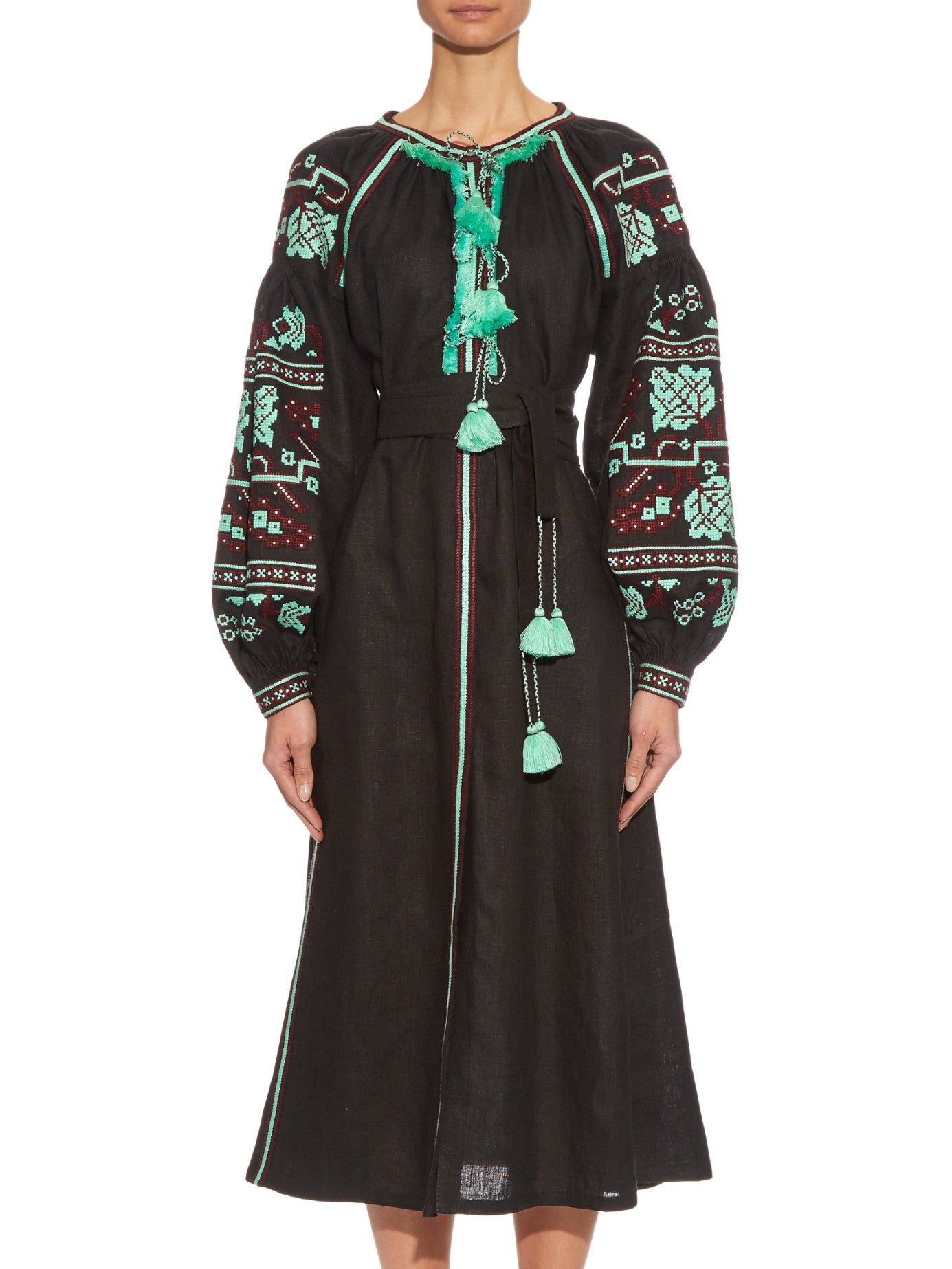 Size 2US/XS! Black Bohemian Embroidered Midi Dress – Folk Nouveau Elegance Wrap