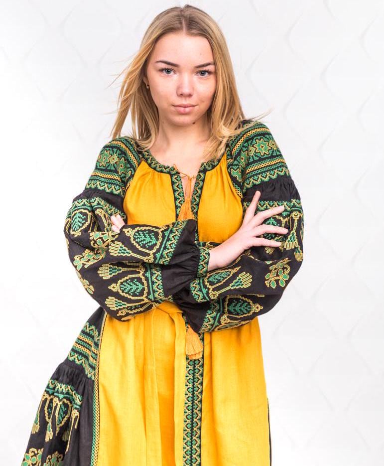 Size S! Mustard Boho Dress - Embroidered Linen Ukrainian Kaftan - Bohemian Chic Traditional Dress - Mexican Ethnic Outfit