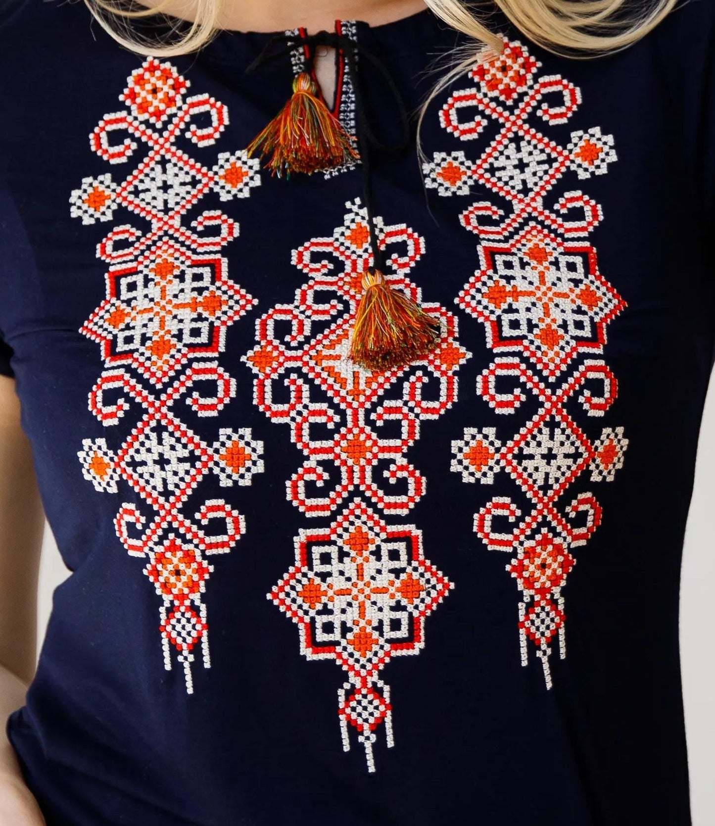 Sizes M-3XL. Navy T-shirt with Red Geometric Embroidery - Ukrainian Folk Blouse