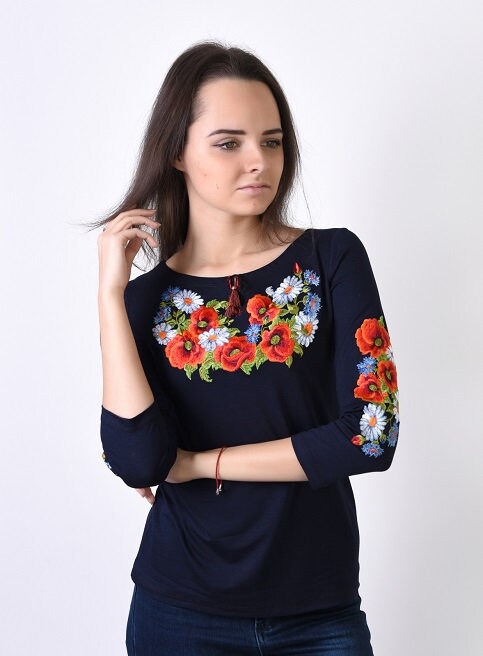 Sizes S,M. Navy Women's Shirt. Floral Embroidered T-Shirt. Bohemian Mexican Top. Ethnic Flower Tee. Folk Chic Soft Blouse. Dark Blue Vyshyvanka