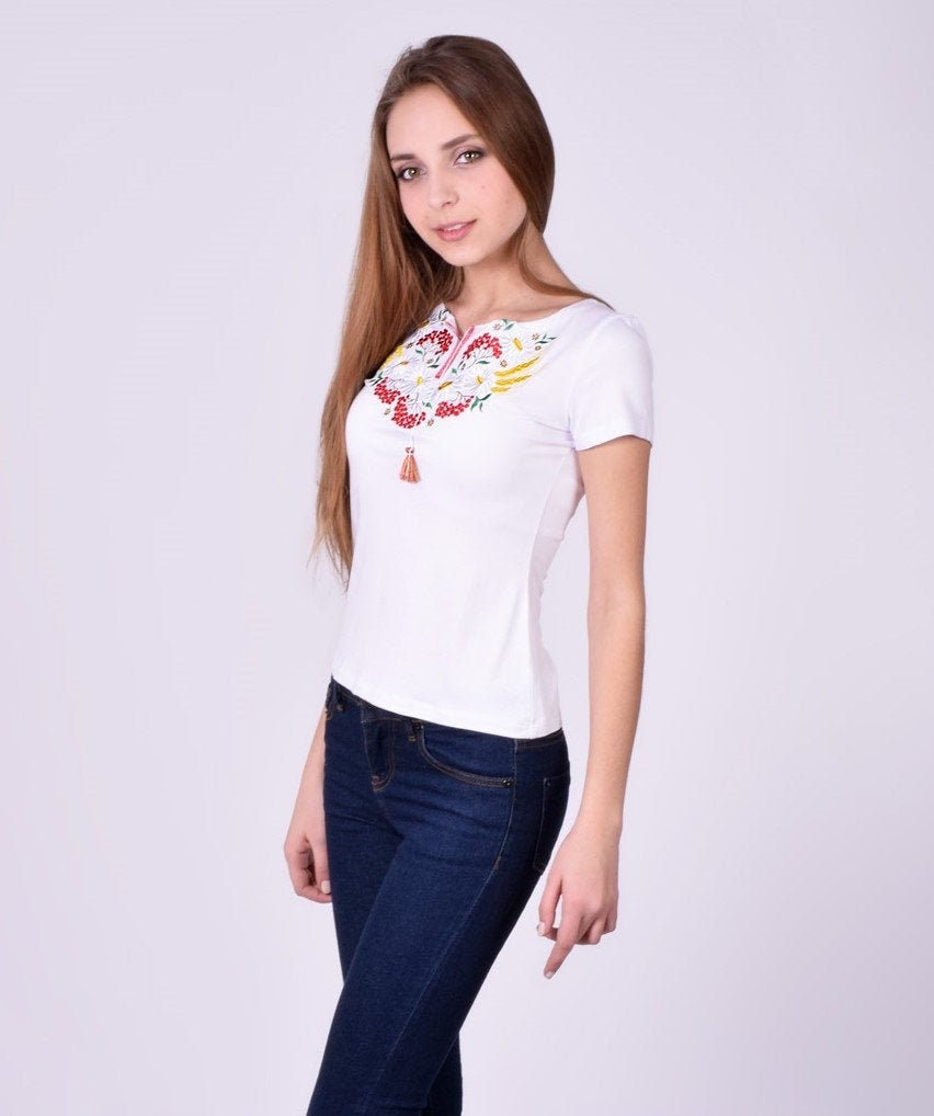 Size 3XL. Women's White Tee - Boho T-Shirt - Vishivanka with Embroidered Flowers - Floral Top - Cute Women's Blouse - Ethnic Hippie Tee