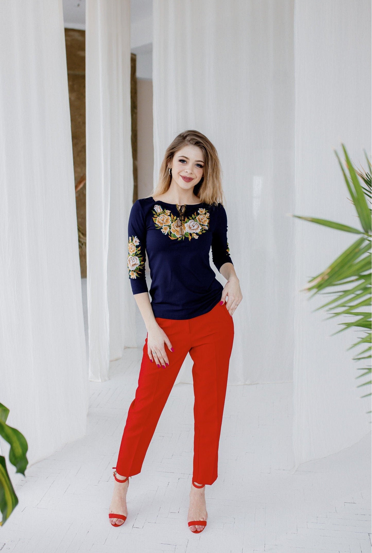 Sizes S-XXL. Navy Embroidered Mexican Blouse. Ethnic Boho Top. Artisanal Folk Blouse. Mexican Fiesta Shirt. Traditional Vyshyvanka. Botanical Tee