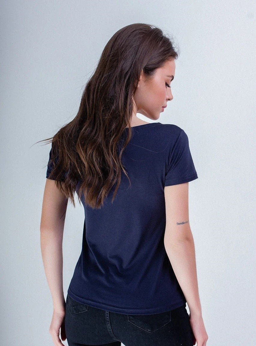 Sizes M-4XL. Navy Blue Floral Embroidered T-Shirt – Mexican & Ukrainian Inspired Folk Blouse with Botanical Garden Heart and Tassel Detail