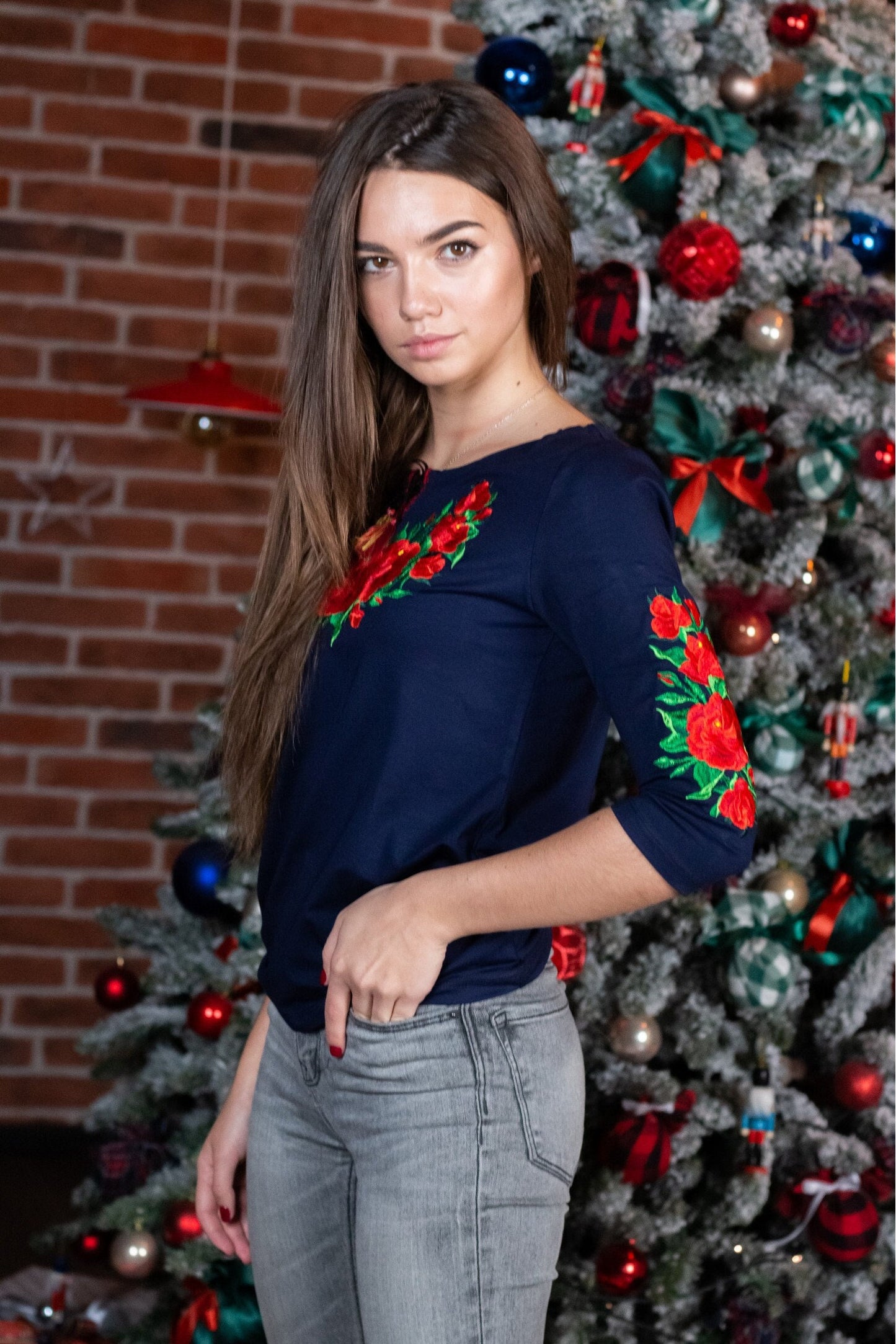 Sizes S-4XL. Navy Top with Red Rose Embroidery and German Folk Design