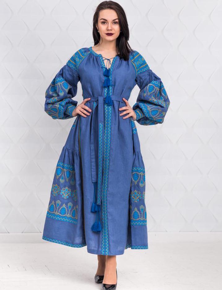 Size M! Blue Linen Embroidered Dress with Tassels - Ukrainian Folk Maxi Dress
