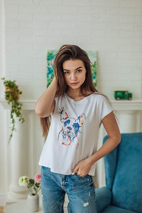 Sizes M,XL. Women's White T-Shirt with Colorful Embroidered French Bulldog - Dog Lover's Tee