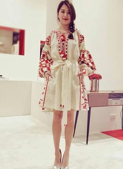 Size 6US/38EU! Ivory Linen Embroidered Dress - Ukrainian Folk Caftan - Fashion Beige Abaya