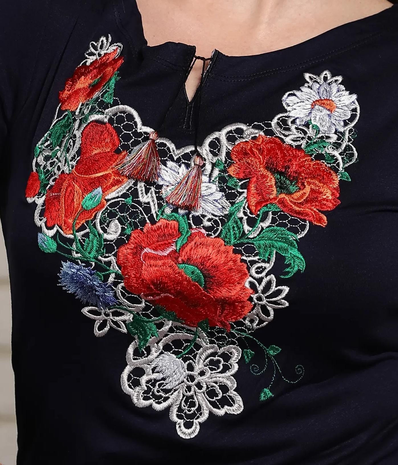 Sizes S,M. Navy Bohemian Floral Top - Stylish Embroidered Tee - Chic Botanical Hippie T-shirt