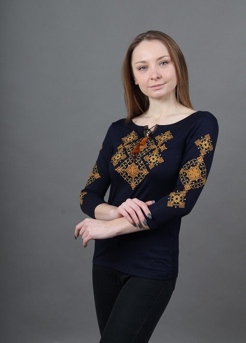 Sizes M-4XL. Navy Blue Embroidered Boho Blouse with Rust & Gold Geometric Motif – Ukrainian Folk Cross Stitch Top with 3/4 Sleeves & Tassel Accent