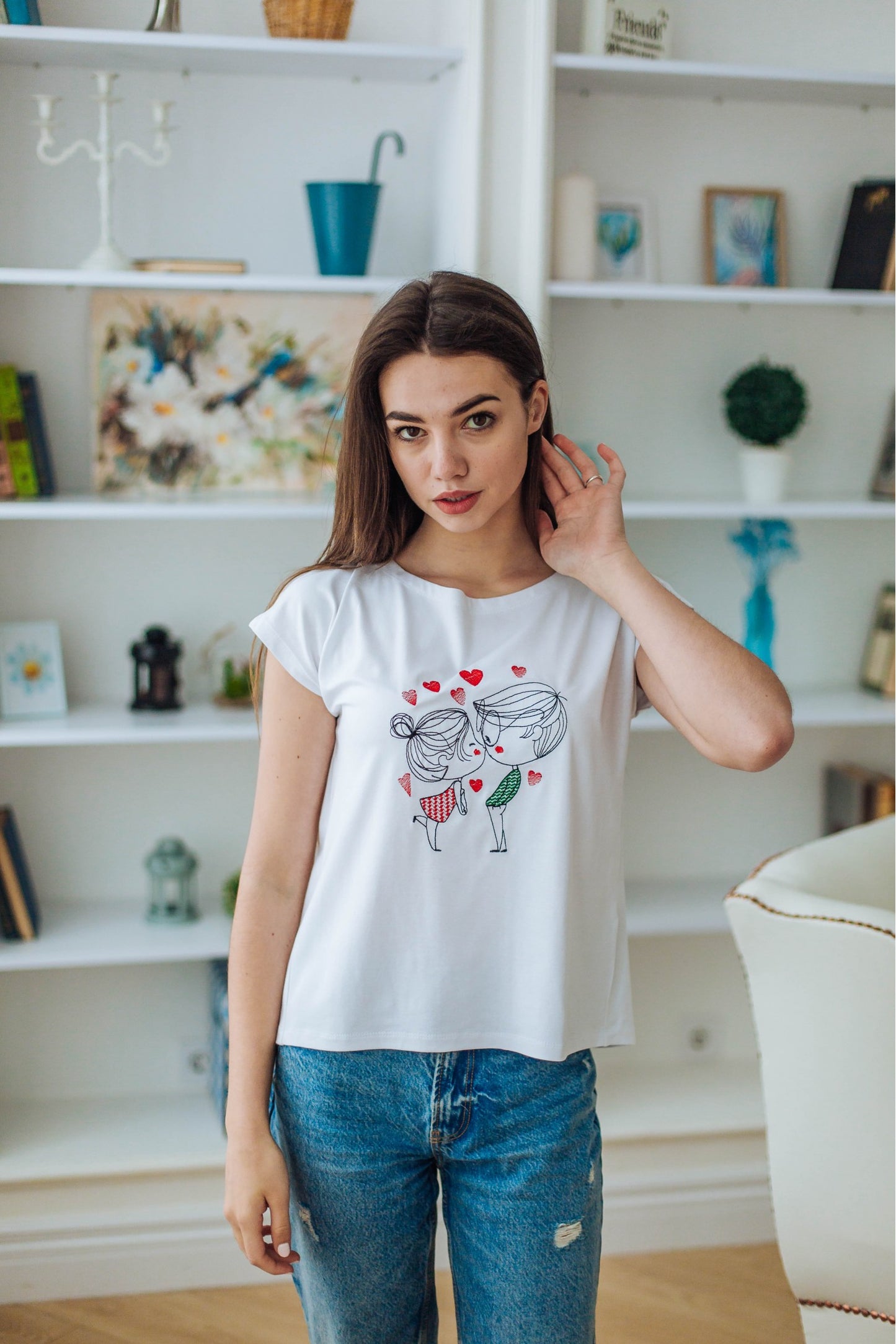 Sizes M,XL. Women's White T-Shirt with Romantic Couple Embroidery - Cute Love Design Tee