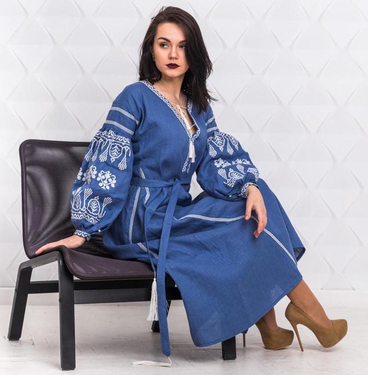 Size 4US/S! Boho Hippie Dress - Elegant Blue Linen Embroidered Dress - Bohemian Chic Maxi Kaftan