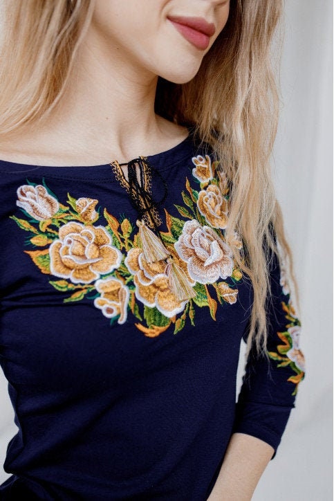 Sizes S-XXL. Navy Embroidered Mexican Blouse. Ethnic Boho Top. Artisanal Folk Blouse. Mexican Fiesta Shirt. Traditional Vyshyvanka. Botanical Tee