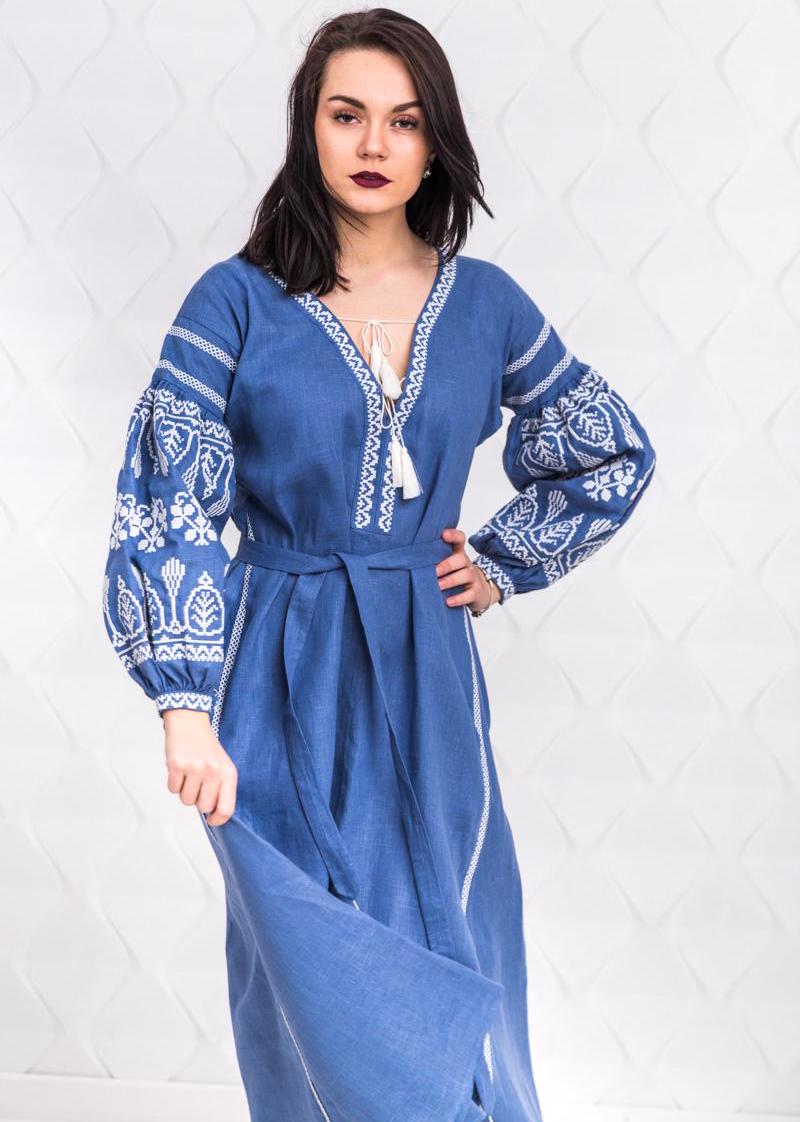 Size 4US/S! Boho Hippie Dress - Elegant Blue Linen Embroidered Dress - Bohemian Chic Maxi Kaftan