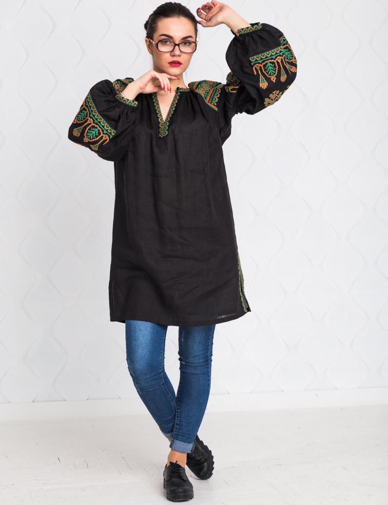 Size M! Elegant folklore embroidered tunic, black linen bohemian outfit, traditional ethnic fashion, Ukrainian vyshyvanka, stylish boho chic top