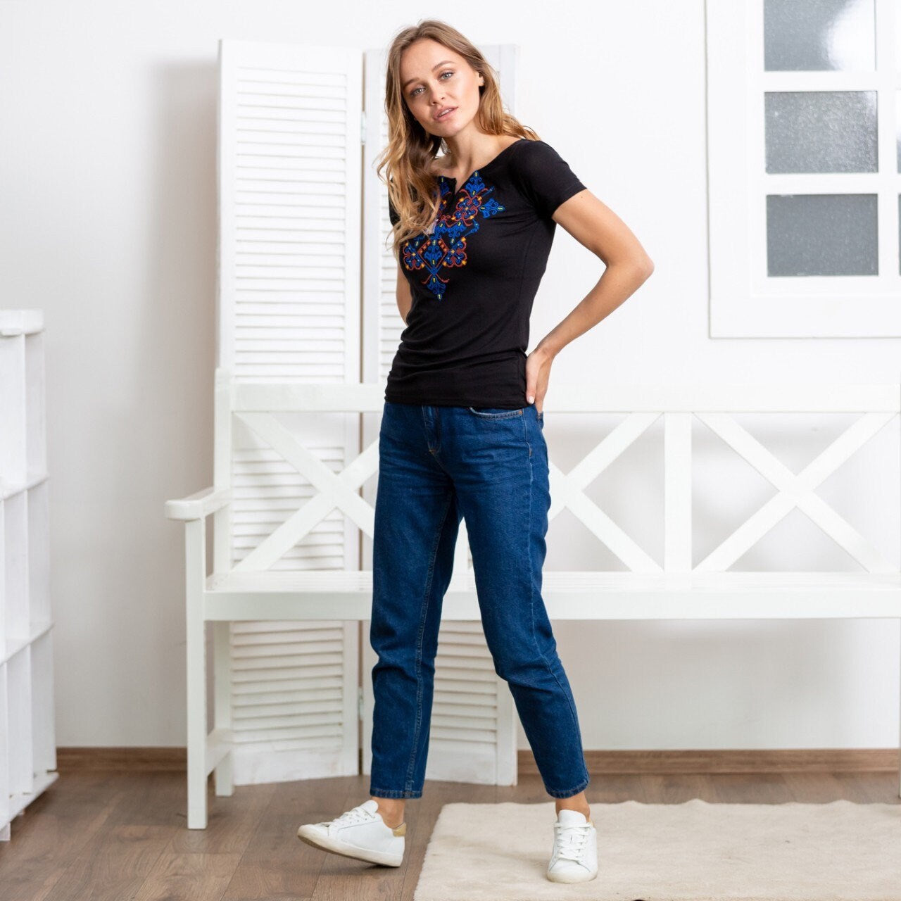 Sizes S,M. Black Ukrainian Embroidered T-Shirt – Bright Folk Heritage Tee for Women