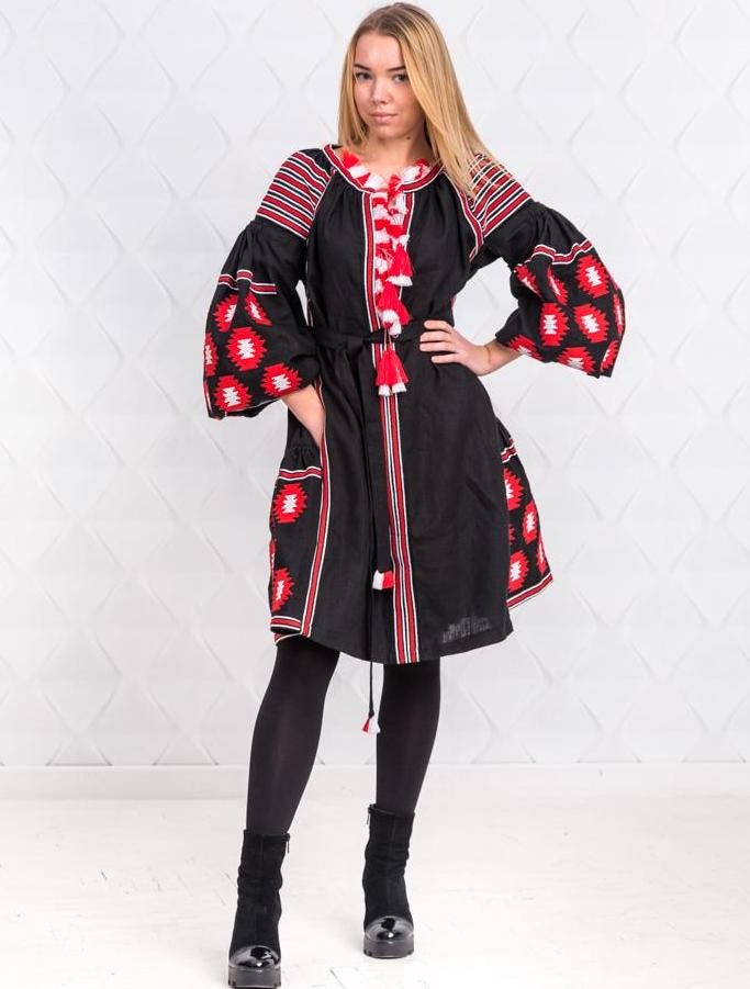 Size 4US/36EU! Red Echo – Black Ethnic Dress with Bold Ukrainian Embroidery - Vyshyvanka Kaftan - Ethnic Folk Chic Abaya