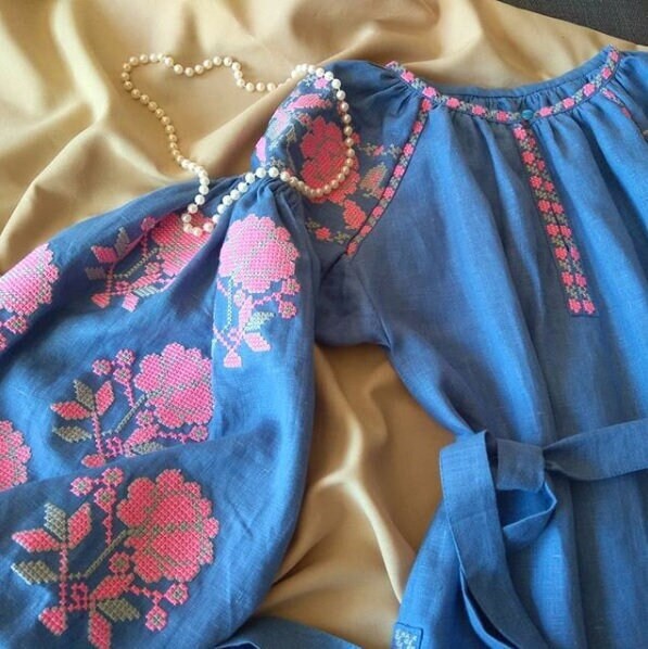 Size XS. Blue Women's Embroidered Top. Ukrainian Vyshyvanka Shirt. Mexican Blouse. Elegant Abaya Caftan. Light Spring Style. Boho Chic Ethno Look