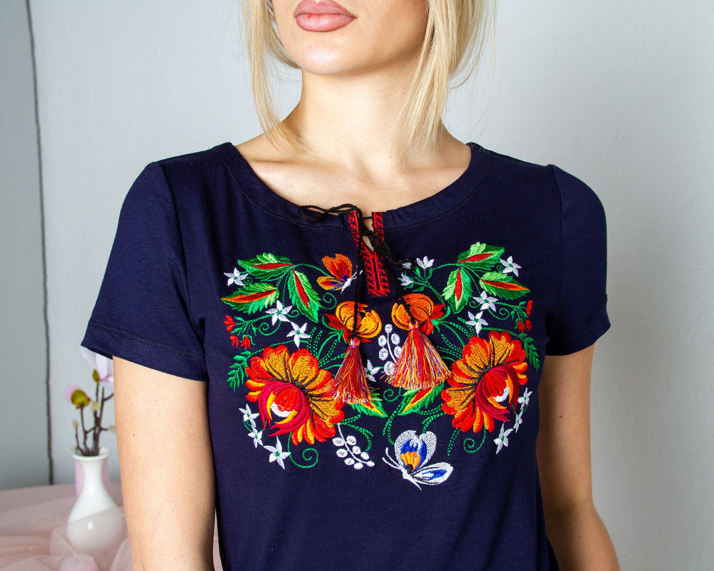 Sizes M-XXL. Navy Embroidered Floral T-Shirt – Bohemian Ukrainian Folk Top with Colorful Mexican-Inspired Flowers and Botanical Cross Stitch Design