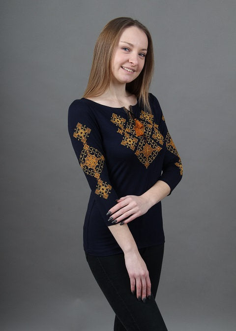 Sizes M-4XL. Navy Blue Embroidered Boho Blouse with Rust & Gold Geometric Motif – Ukrainian Folk Cross Stitch Top with 3/4 Sleeves & Tassel Accent