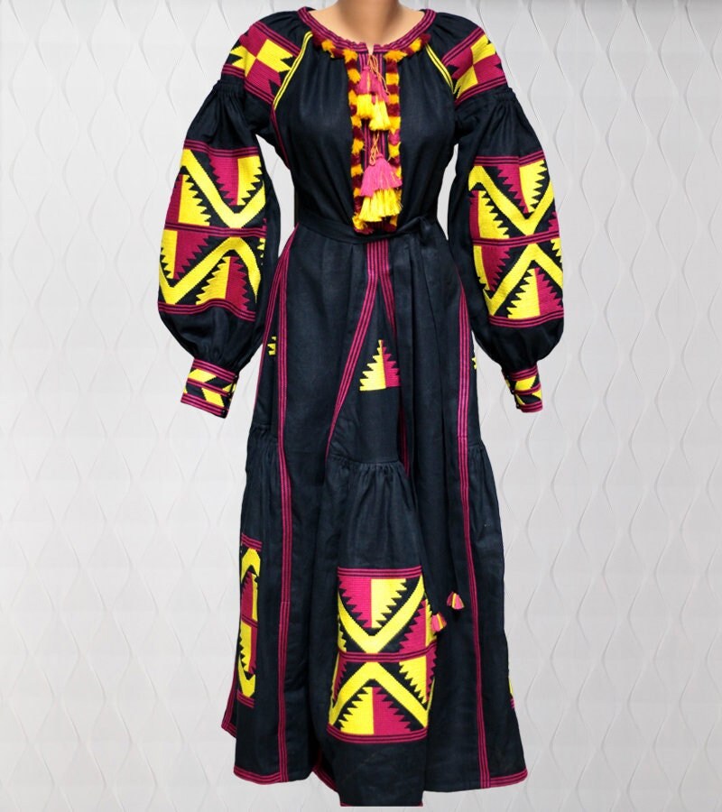 Size 4US/S! Bohemian Maxi Embroidered Dress – Black Ukrainian Folk Dress with Bold Pink and Yellow Geometric Embroidery and Tassel Accents
