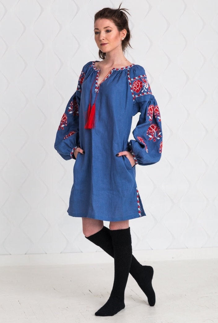 Size 8US//40EU! Denim Linen Vyshyvanka Tunic with Floral Embroidery - Boho Chic Ethnic Dress
