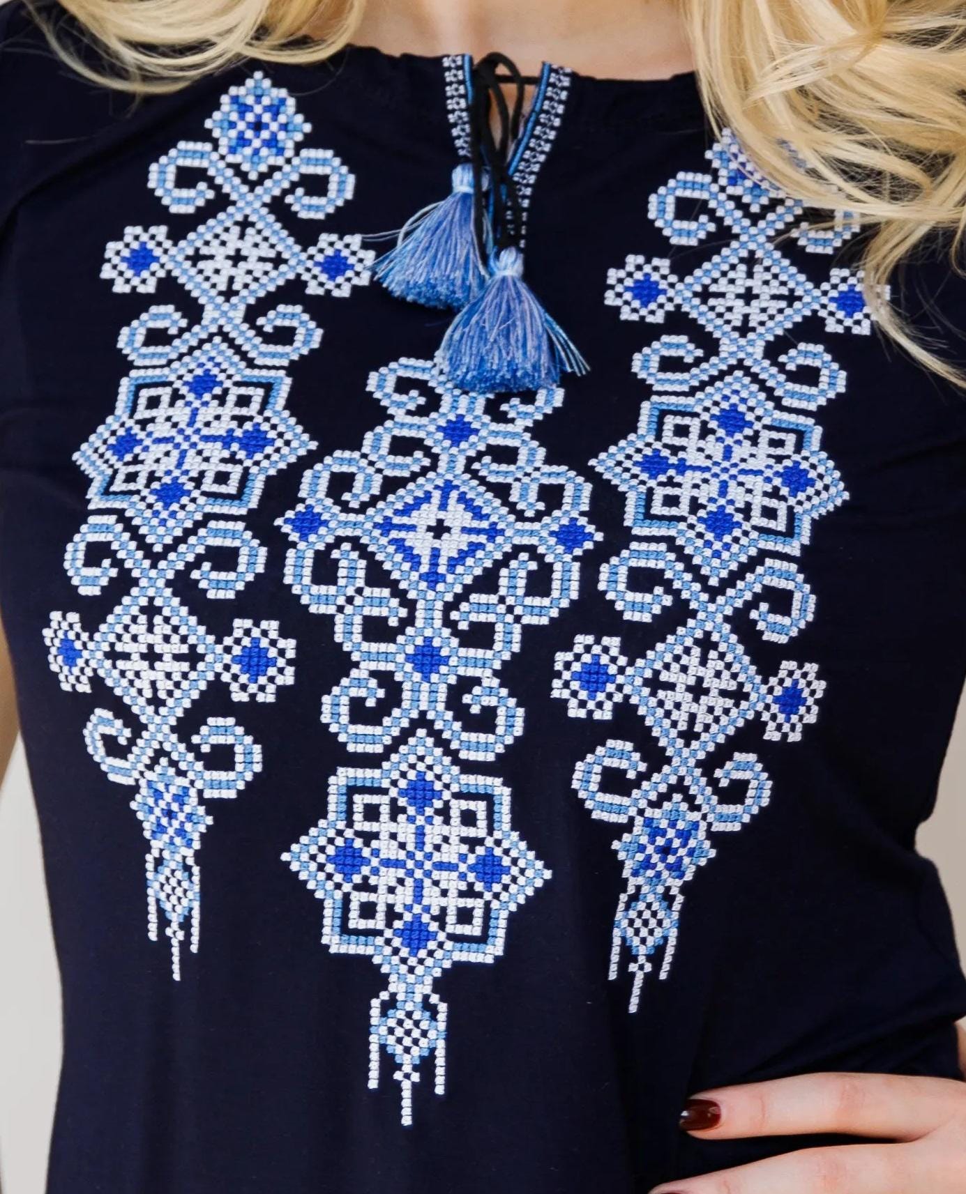 Sizes M-4XL. Mystic Blue Vyshyvanka Tee