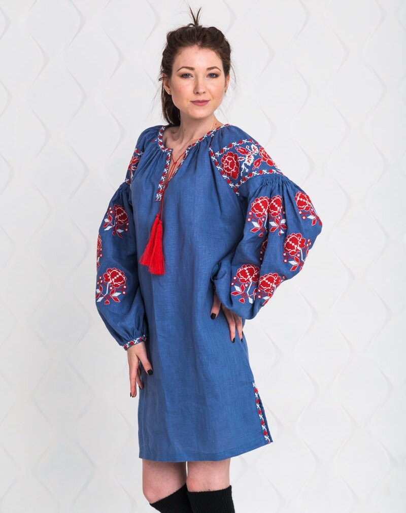 Size 8US//40EU! Denim Linen Vyshyvanka Tunic with Floral Embroidery - Boho Chic Ethnic Dress