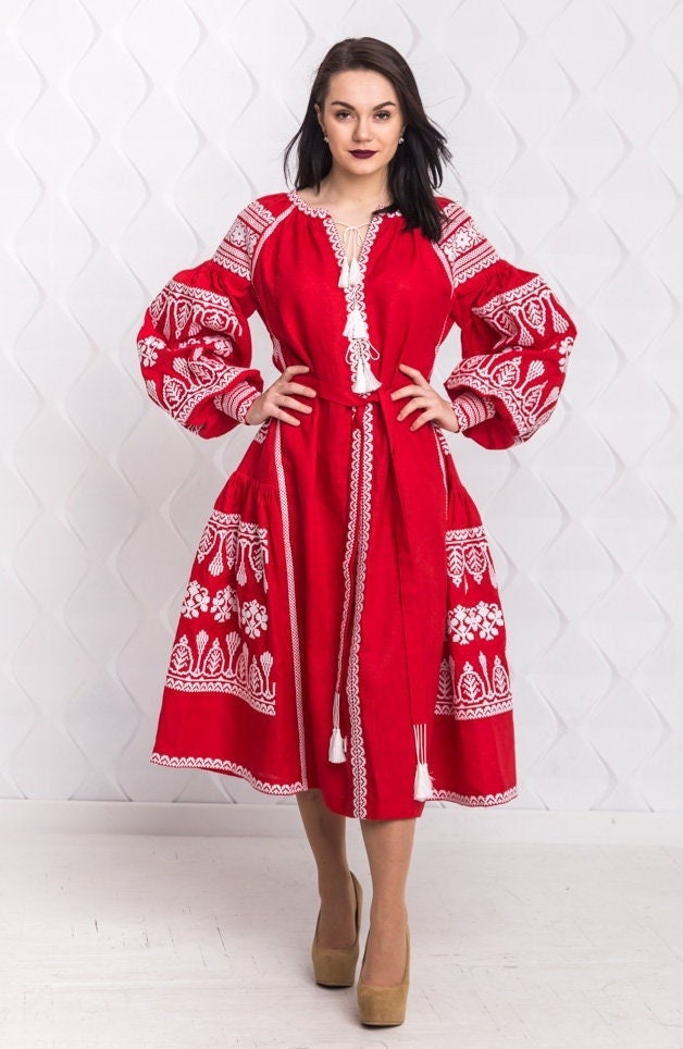 Size 6US! Embroidered Red Midi Dress - Ukrainian White Embroidery Boho Dress - Chic Stylish Midi Outfit