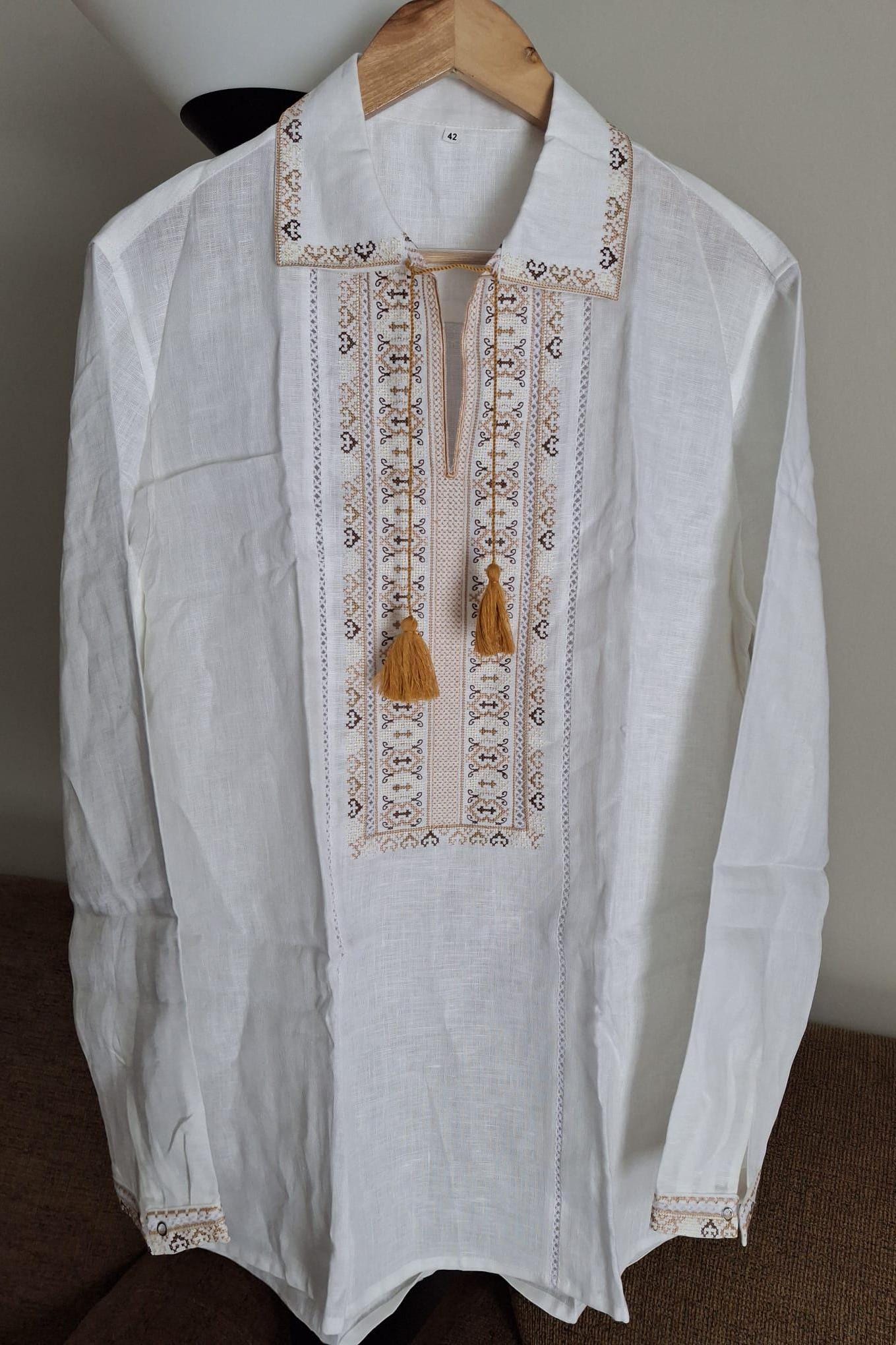 Size L! Men's White Linen Shirt with Beige Ukrainian Embroidery - Elegant Ethnic Men's Embroidered Linen Shirt