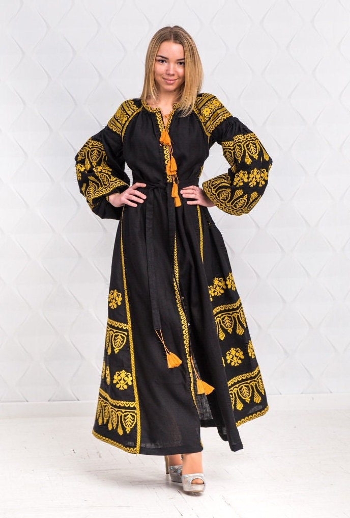 Size S! Ethnic Vyshyvanka Dress - Black Linen Embroidered Dress - Ukrainian & Mexican Boho Chic Kaftan - 100% Linen Abaya - Fashion Folk Caftan