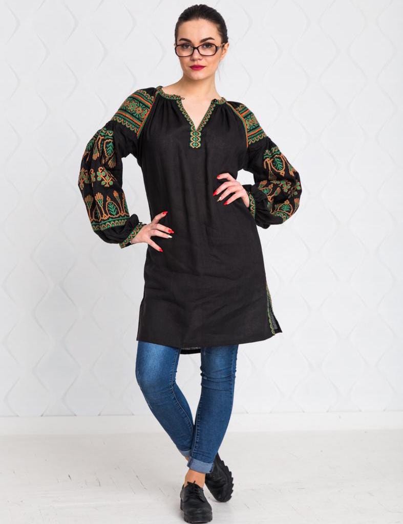 Size M! Elegant folklore embroidered tunic, black linen bohemian outfit, traditional ethnic fashion, Ukrainian vyshyvanka, stylish boho chic top