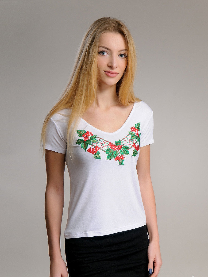 Size S. Women's White Embroidered Tee with Viburnum - Boho Gardener Shirt - Chic Boho Top