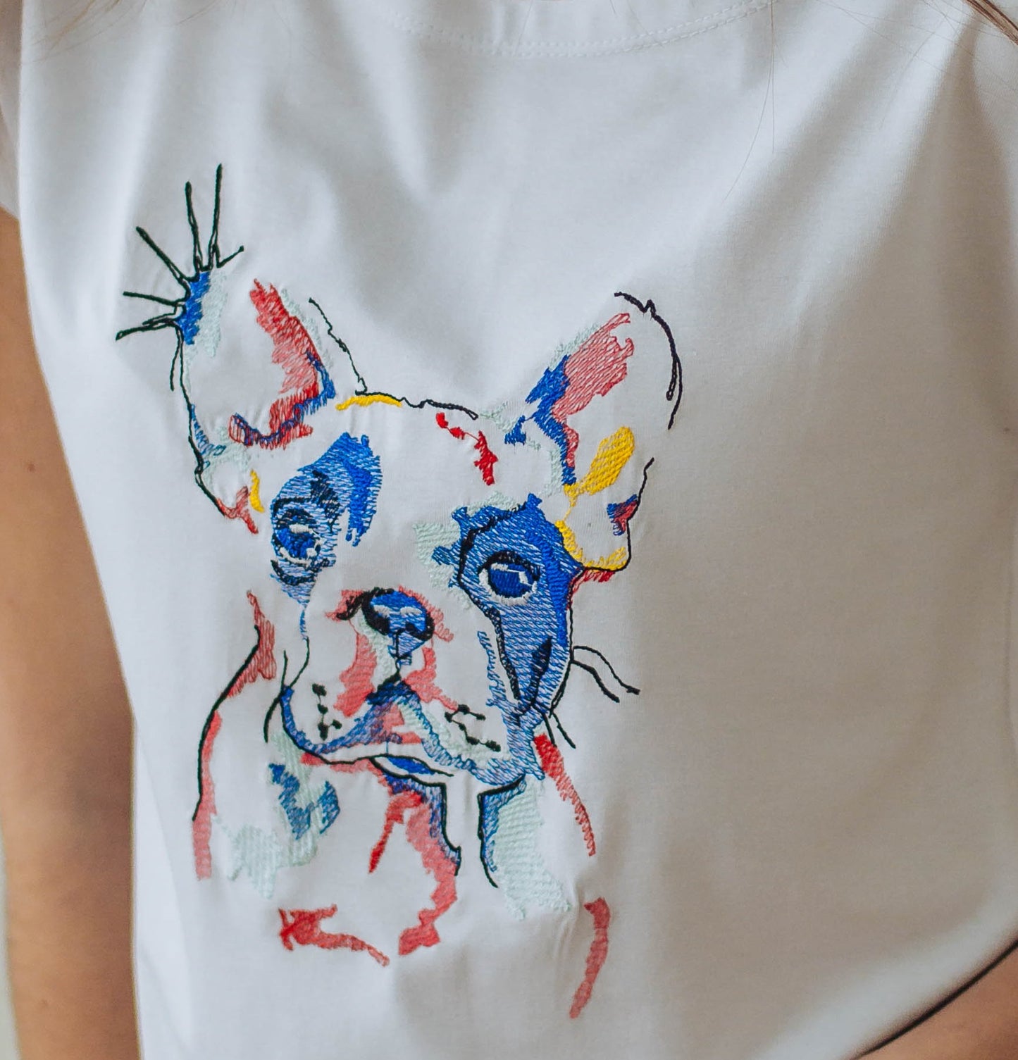 Sizes M,XL. Women's White T-Shirt with Colorful Embroidered French Bulldog - Dog Lover's Tee