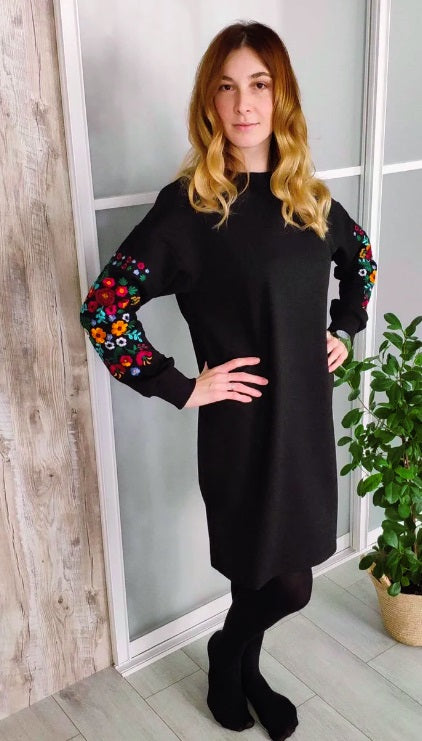 Sizes S-3XL. Black Floral Embroidered Sweatshirt Dress – Casual Boho Chic Style for Women