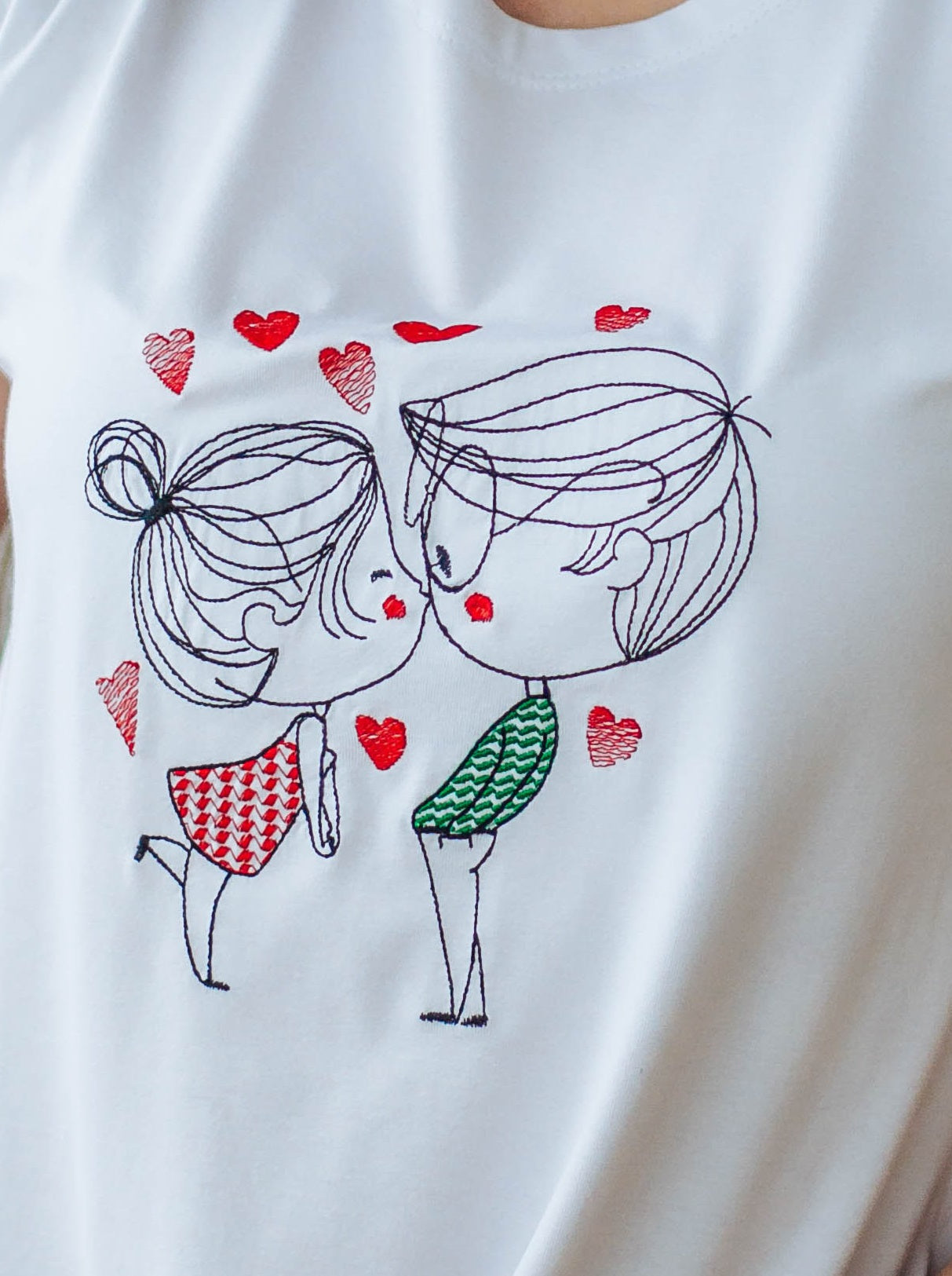 Sizes M,XL. Women's White T-Shirt with Romantic Couple Embroidery - Cute Love Design Tee