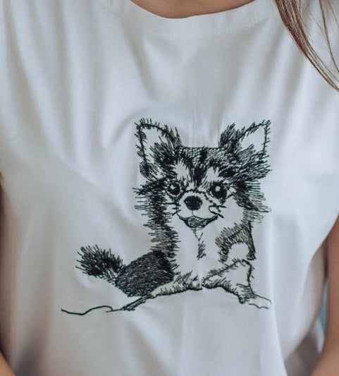 Sizes M,L. Dog Lover's T-Shirt - Funny Embroidered Spitz Tee