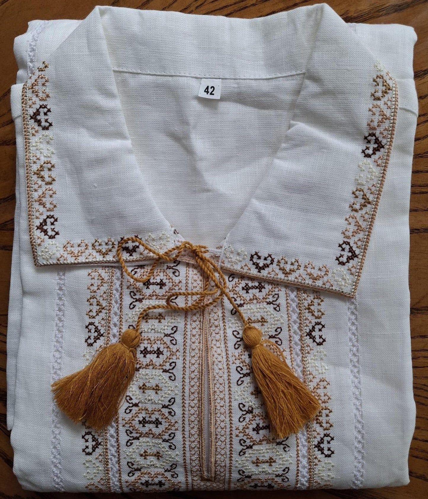 Size L! Men's White Linen Shirt with Beige Ukrainian Embroidery - Elegant Ethnic Men's Embroidered Linen Shirt