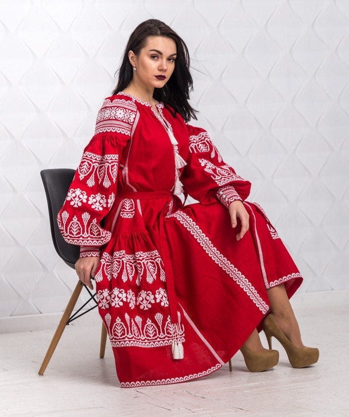 Size 6US! Embroidered Red Midi Dress - Ukrainian White Embroidery Boho Dress - Chic Stylish Midi Outfit