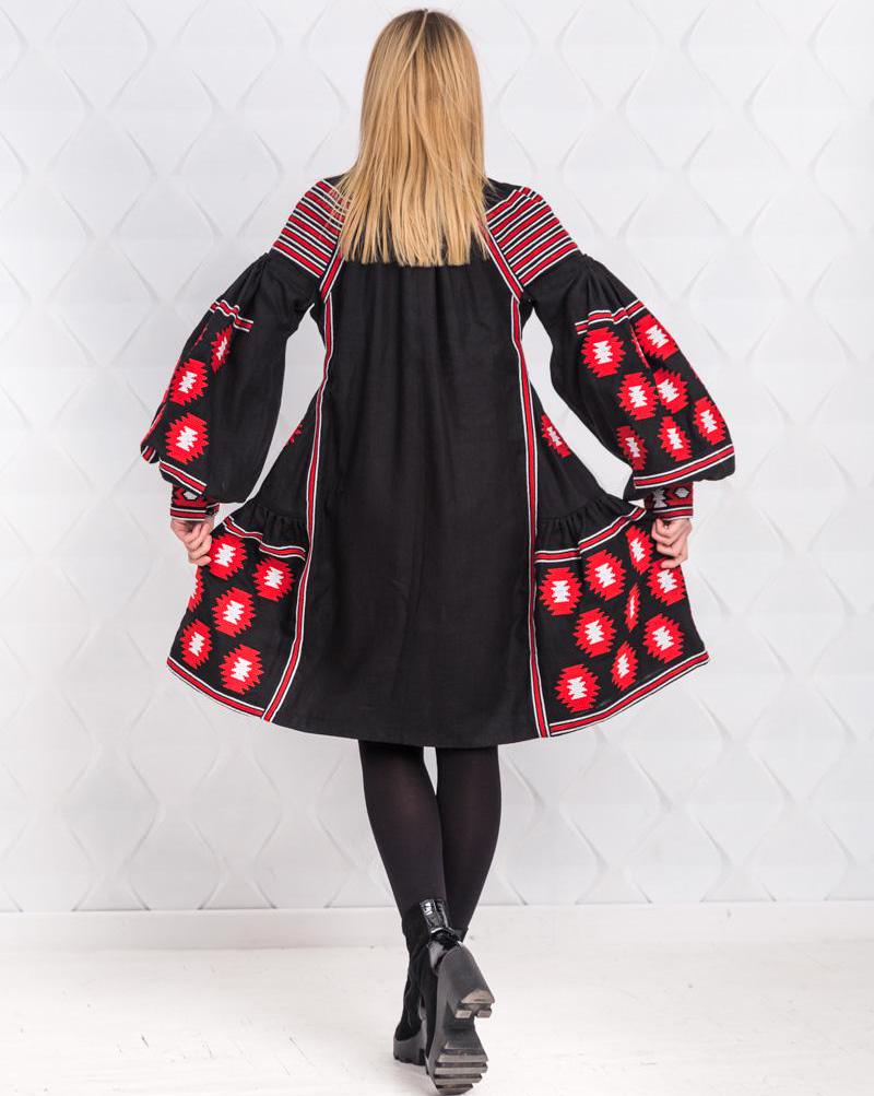 Size 4US/36EU! Red Echo – Black Ethnic Dress with Bold Ukrainian Embroidery - Vyshyvanka Kaftan - Ethnic Folk Chic Abaya